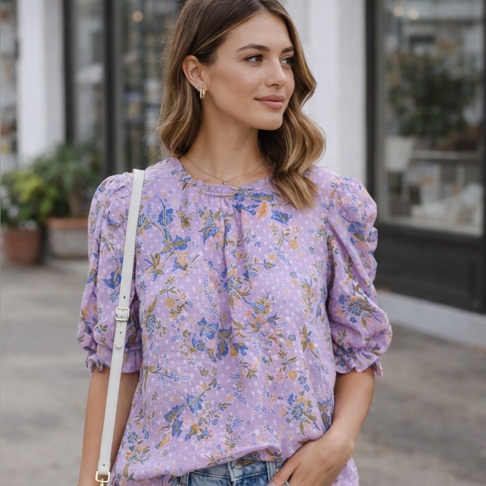 Rachel Zoe purple semi-sheer floral feminine frill Swiss dot puff sleeve top L